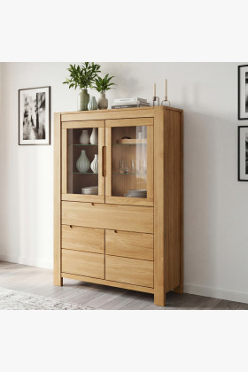 Eichenvitrine mit Glastüren und Schublade, 150 cm hoch